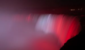 Preview wallpaper waterfall, fog, backlight, red, dark