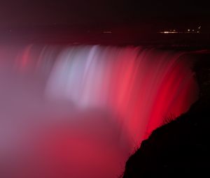 Preview wallpaper waterfall, fog, backlight, red, dark