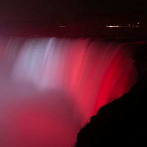 Preview wallpaper waterfall, fog, backlight, red, dark