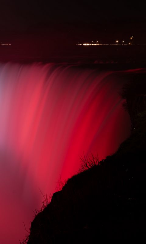 480x800 Wallpaper waterfall, fog, backlight, red, dark