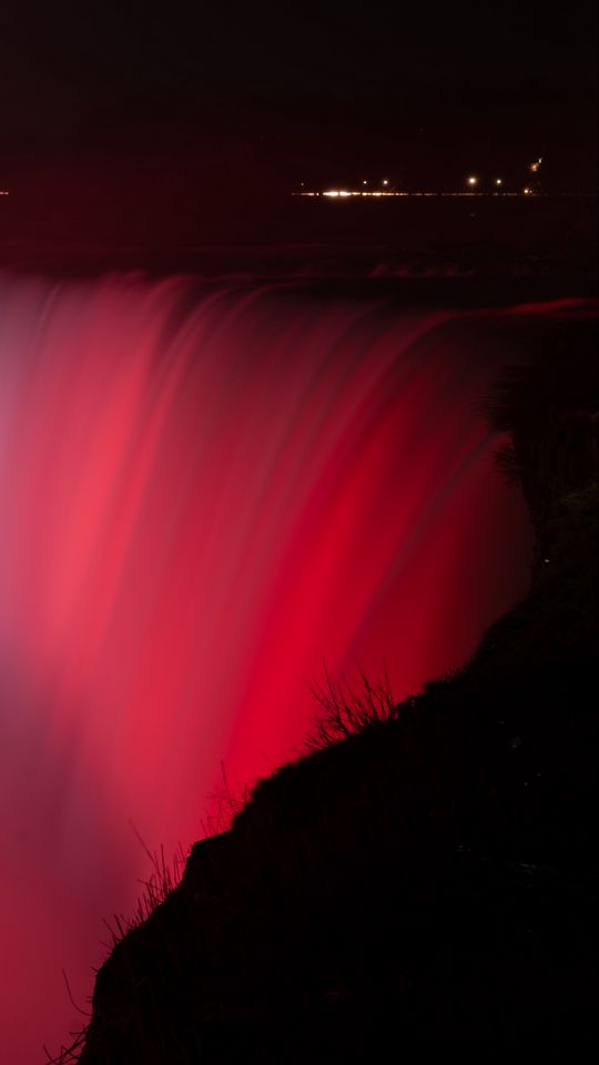 540x960 Wallpaper waterfall, fog, backlight, red, dark
