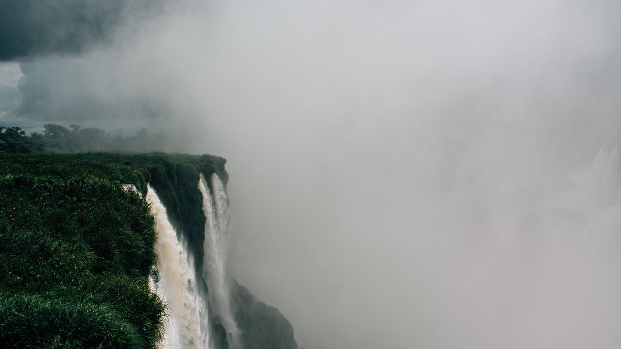 Wallpaper waterfall, fog, cliff, grass, greens