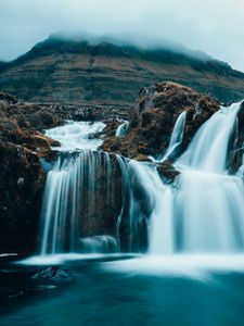 Preview wallpaper waterfall, fog, current, hills