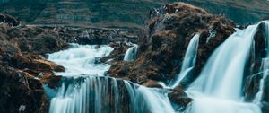 Preview wallpaper waterfall, fog, current, hills