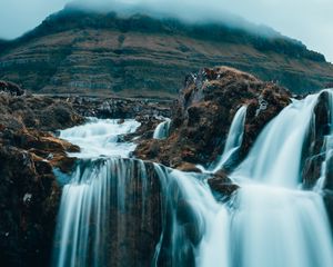 Preview wallpaper waterfall, fog, current, hills