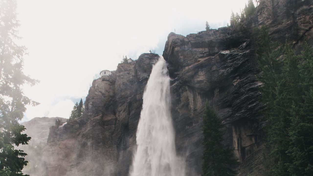 Wallpaper waterfall, fog, trees, stones, landscape