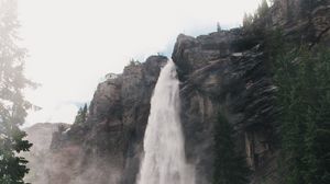 Preview wallpaper waterfall, fog, trees, stones, landscape