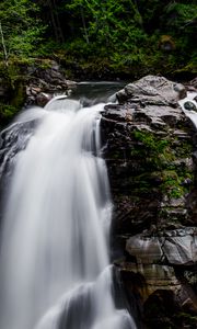 Preview wallpaper waterfall, forest, river, cliff, water, stream, nature