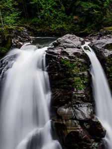 Preview wallpaper waterfall, forest, river, cliff, water, stream, nature