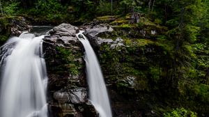 Preview wallpaper waterfall, forest, river, cliff, water, stream, nature