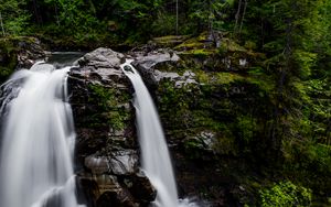 Preview wallpaper waterfall, forest, river, cliff, water, stream, nature