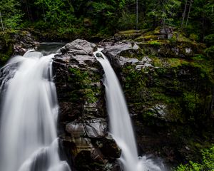 Preview wallpaper waterfall, forest, river, cliff, water, stream, nature