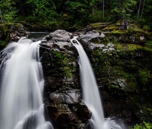 Preview wallpaper waterfall, forest, river, cliff, water, stream, nature