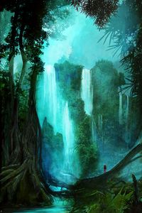 Preview wallpaper waterfall, forest, trees, silhouette, art