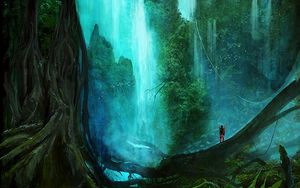Preview wallpaper waterfall, forest, trees, silhouette, art
