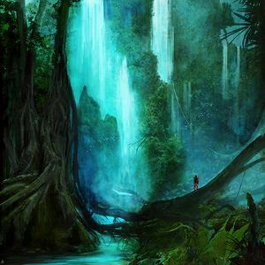 Preview wallpaper waterfall, forest, trees, silhouette, art