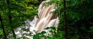 Preview wallpaper waterfall, forest, trees, bushes, greens