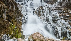 Preview wallpaper waterfall, freezing, ice, icicles, rocks