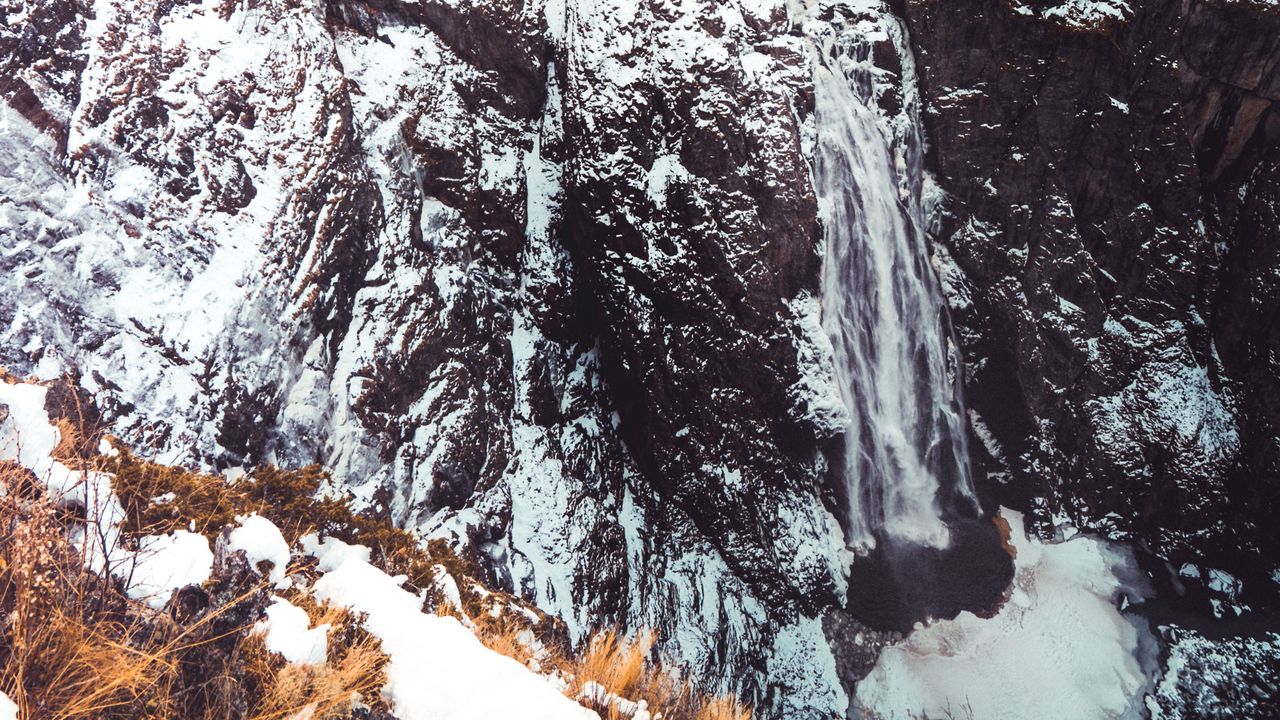 Wallpaper waterfall, frozen, snow, cliff, landscape, winter