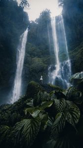 Preview wallpaper waterfall, girl, alone, leaves, plants