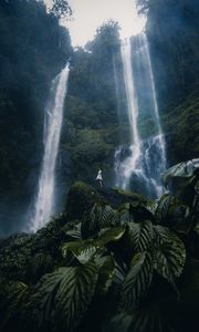 Preview wallpaper waterfall, girl, alone, leaves, plants