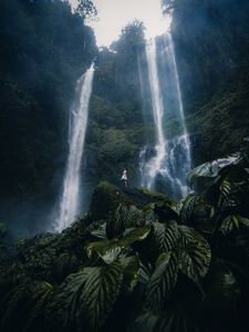 Preview wallpaper waterfall, girl, alone, leaves, plants