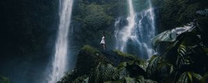 Preview wallpaper waterfall, girl, alone, leaves, plants