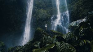 Preview wallpaper waterfall, girl, alone, leaves, plants