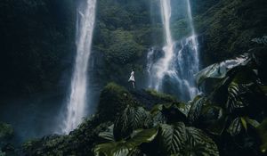 Preview wallpaper waterfall, girl, alone, leaves, plants