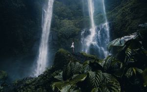 Preview wallpaper waterfall, girl, alone, leaves, plants