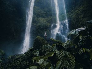 Preview wallpaper waterfall, girl, alone, leaves, plants