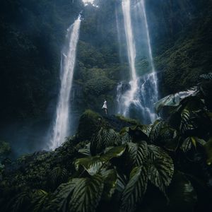 Preview wallpaper waterfall, girl, alone, leaves, plants