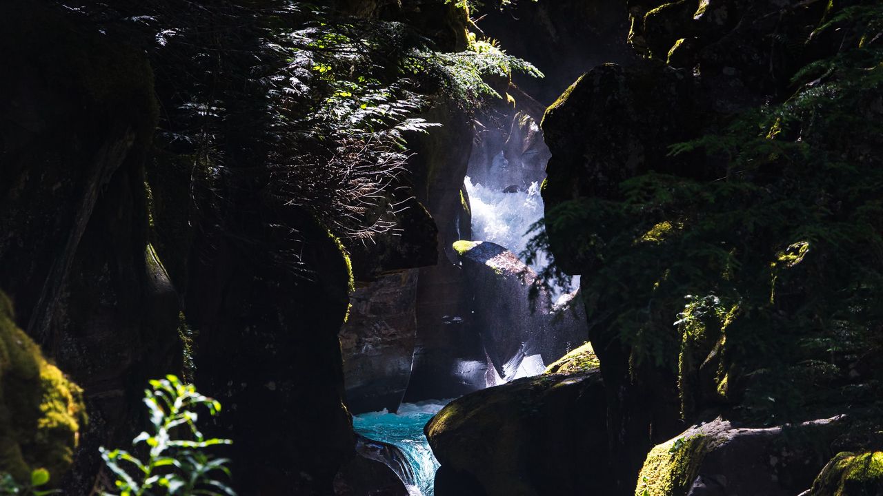 Wallpaper waterfall, gorge, rocks, branches, water