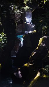 Preview wallpaper waterfall, gorge, rocks, branches, water