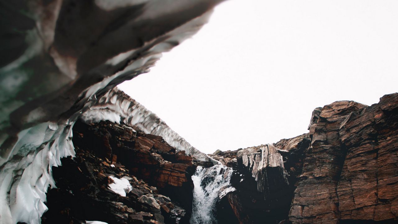 Wallpaper waterfall, gorge, snow, rocks