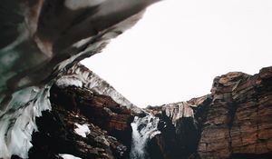 Preview wallpaper waterfall, gorge, snow, rocks