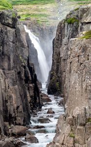 Preview wallpaper waterfall, gorge, stones, spray, slope