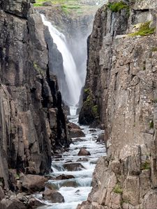 Preview wallpaper waterfall, gorge, stones, spray, slope
