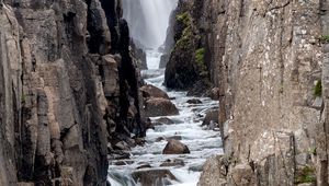 Preview wallpaper waterfall, gorge, stones, spray, slope