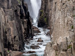 Preview wallpaper waterfall, gorge, stones, spray, slope
