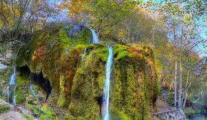 Preview wallpaper waterfall, grass, foam, trees