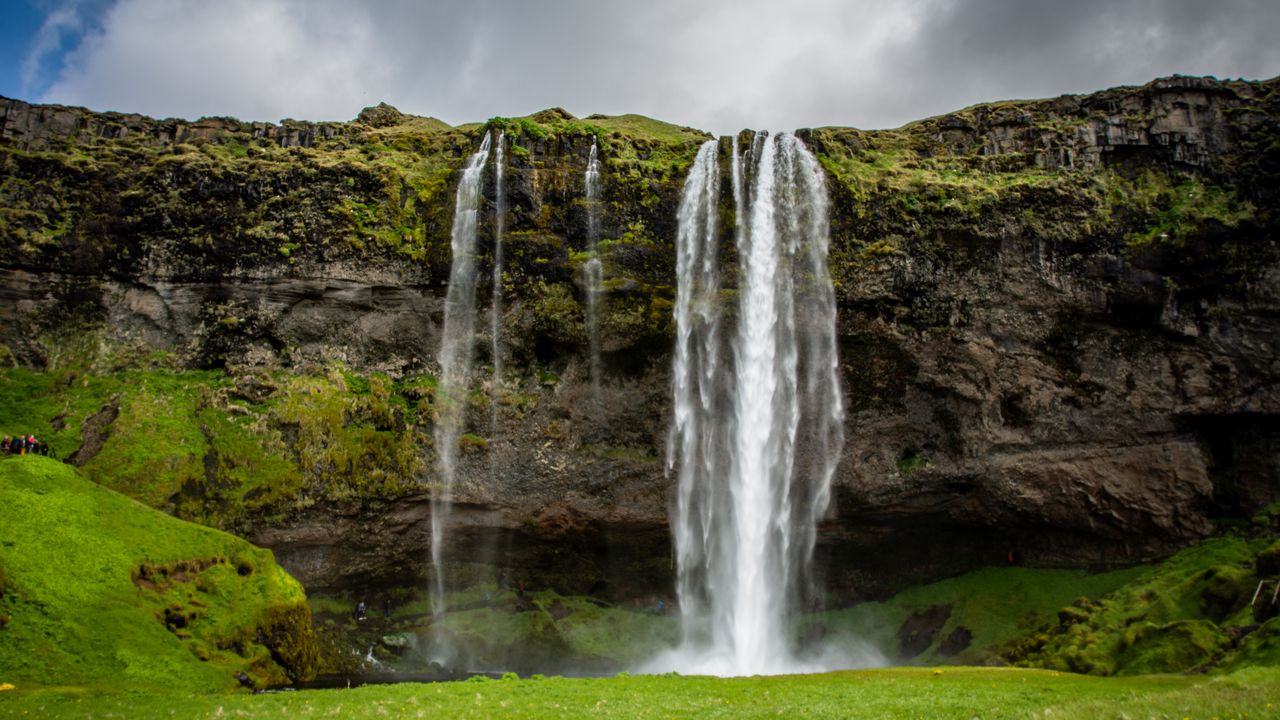 Wallpaper waterfall, grass, nature, landscape