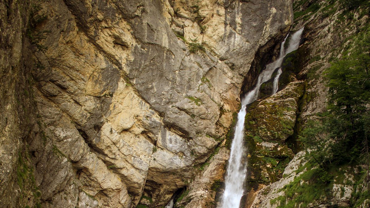 Wallpaper waterfall, grass, rock