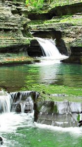 Preview wallpaper waterfall, grass, rocks, background