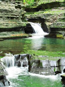 Preview wallpaper waterfall, grass, rocks, background