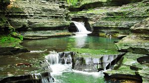 Preview wallpaper waterfall, grass, rocks, background