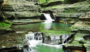 Preview wallpaper waterfall, grass, rocks, background