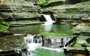 Preview wallpaper waterfall, grass, rocks, background