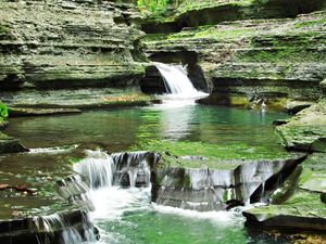 Preview wallpaper waterfall, grass, rocks, background