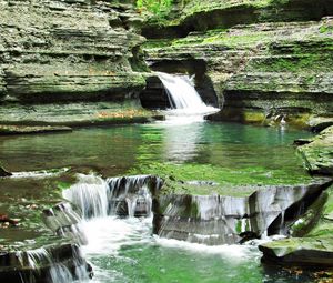 Preview wallpaper waterfall, grass, rocks, background